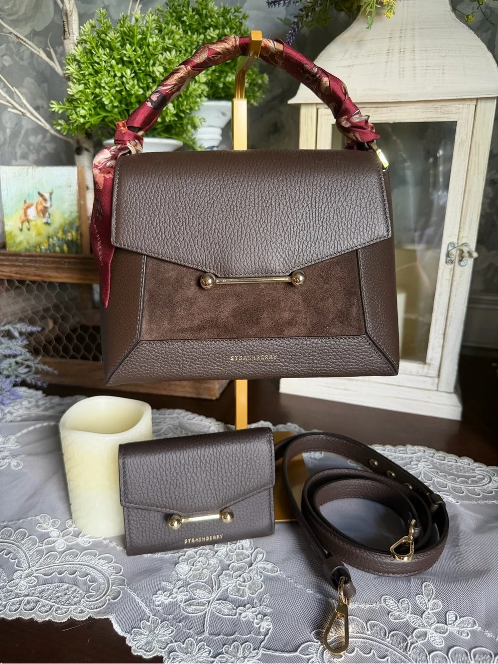 NWOT Strathberry Mosaic Leather Top Handle Bag Purse & Wallet Set-Dkchoclt